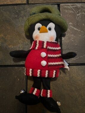 Festive Penguin Plush with Knit Scarf and Hat Doorknob Hanger- EUC